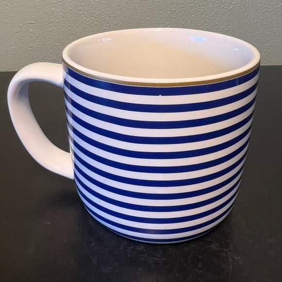 Letter C Monogram Initial Stoneware Mug ~ Blue & White Stripes w/ Gold Accents - Picture 3 of 8